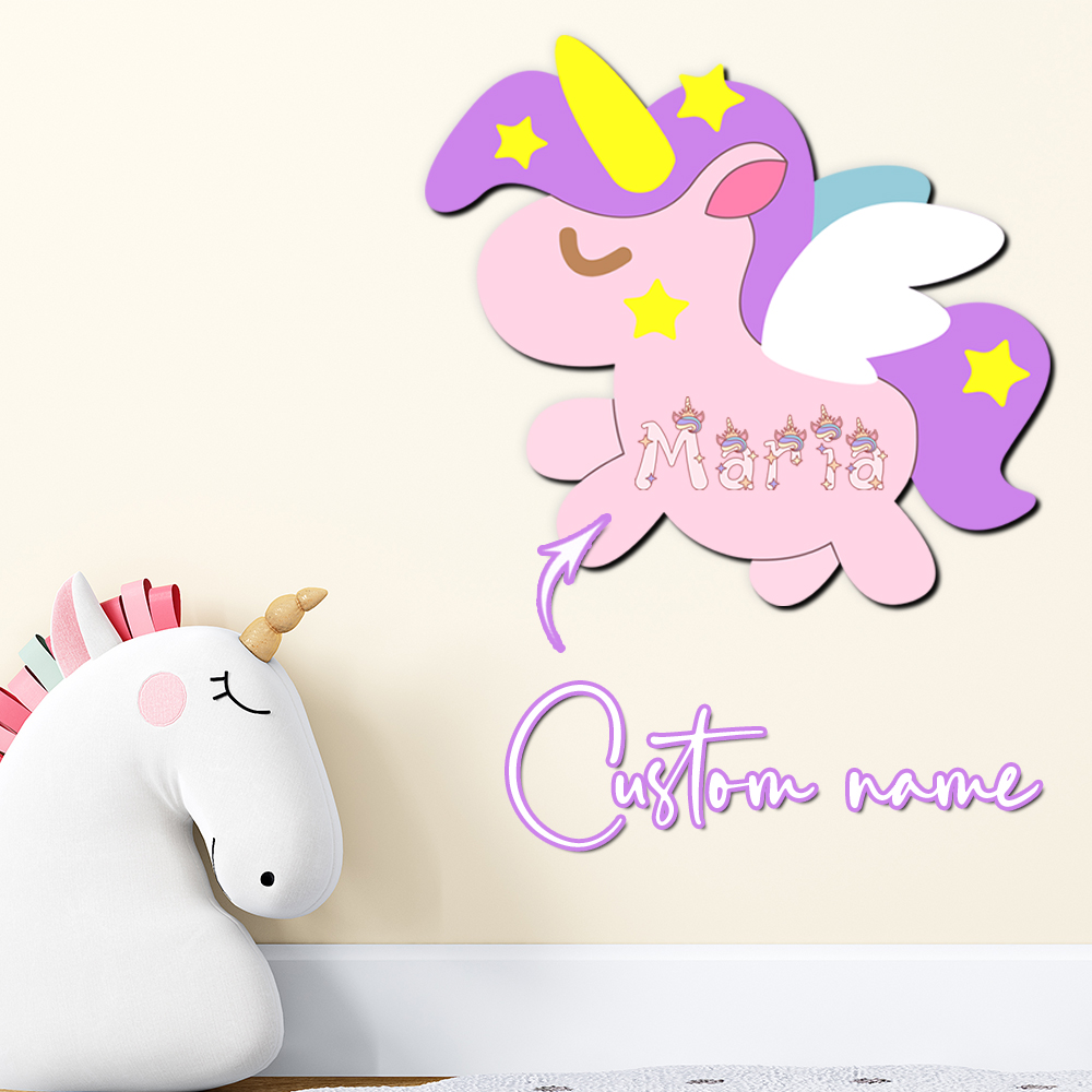 Baby Nursery Decor Girl - Panneau nominatif personnalisé en bois Licorne,