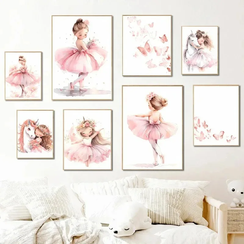 Baby Nursery Posters - Affiche de ballerine rose, licorne, papillon,