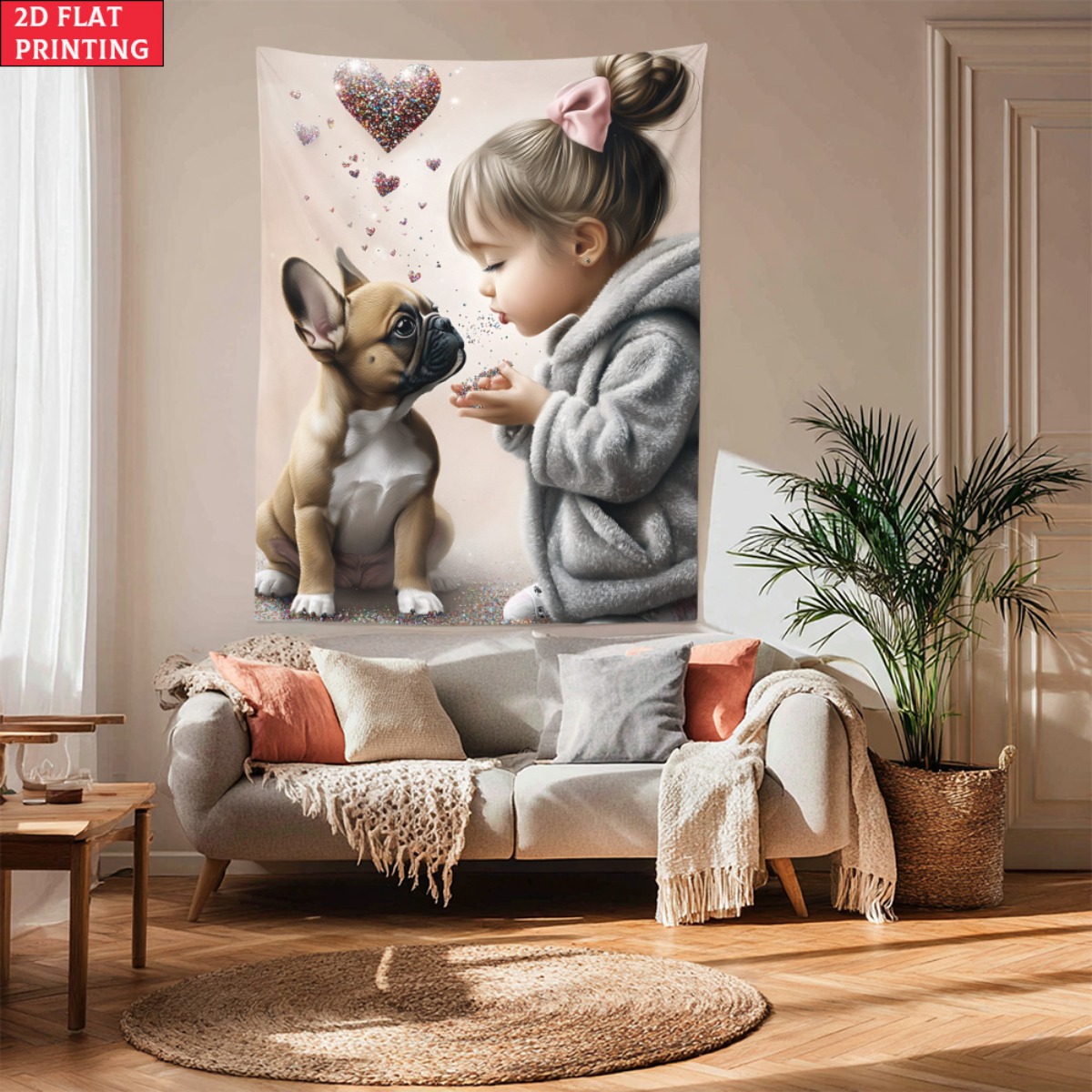 Baby Nursery Decor Girl - Fille avec bouledogue français chiot coeur