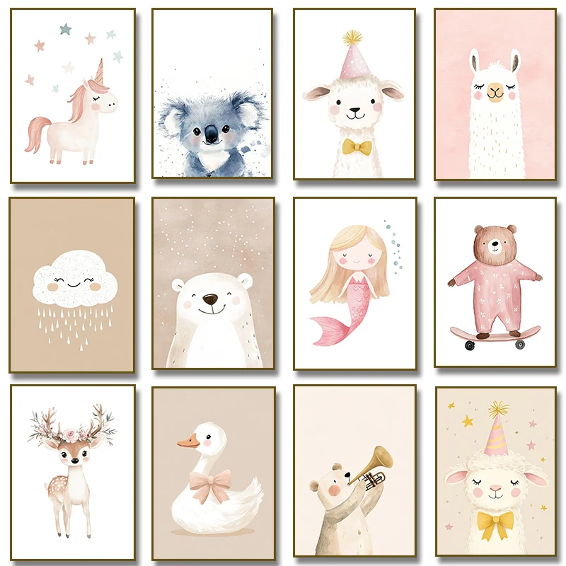 Baby Nursery Wall Art - Mignon aquarelle licorne sirène lama oie